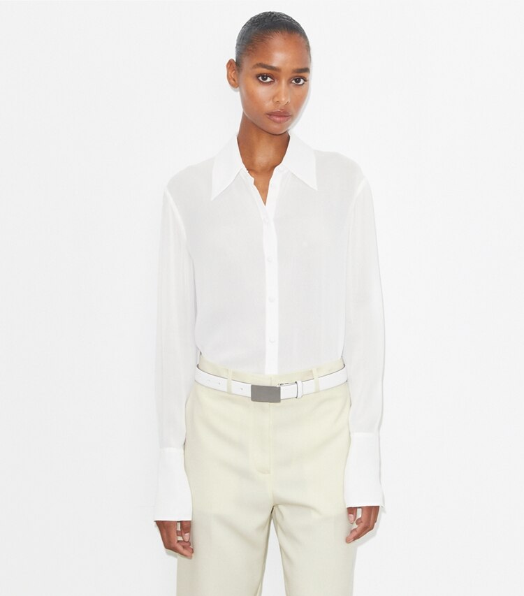 Tory Burch designer hauts Chemise en viscose à revers dans Marshmallow détail sur modèle