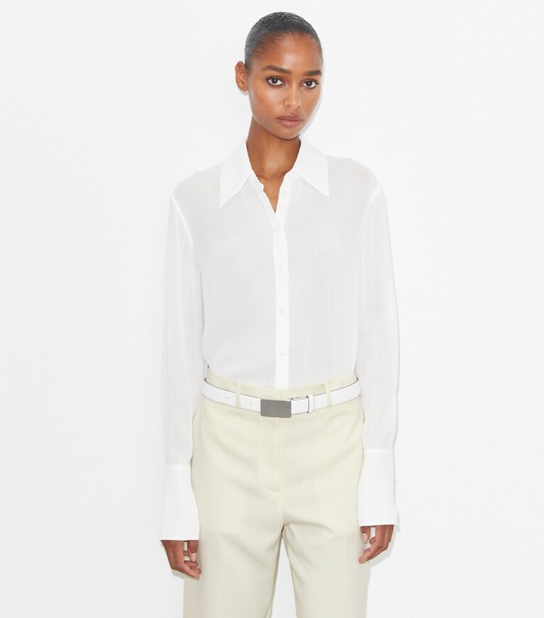 Tory Burch designer hauts Chemise en viscose à revers dans Marshmallow détail sur modèle