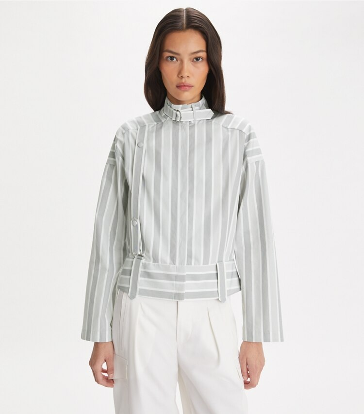 Tory Burch designer hauts Chemise rayée en coton dans Gray Classic Striped détail sur modèle