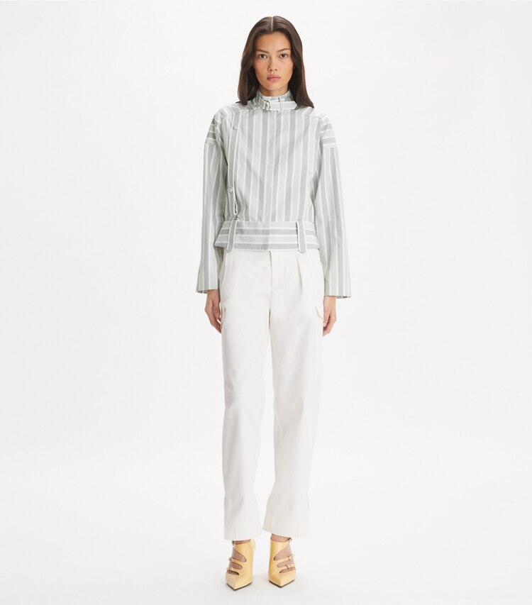 Tory Burch designer hauts Chemise rayée en coton dans Gray Classic Striped sur modèle, de face