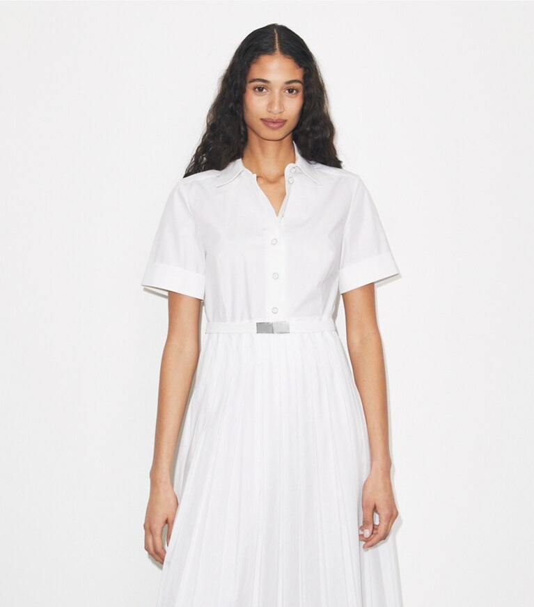 Tory Burch designer abiti Chemisier a pieghe in popeline in White on model detail