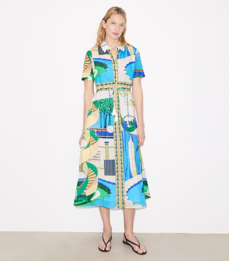 Tory Burch designer abiti Chemisier di cotone in The Pool Blue parte anteriore su modella