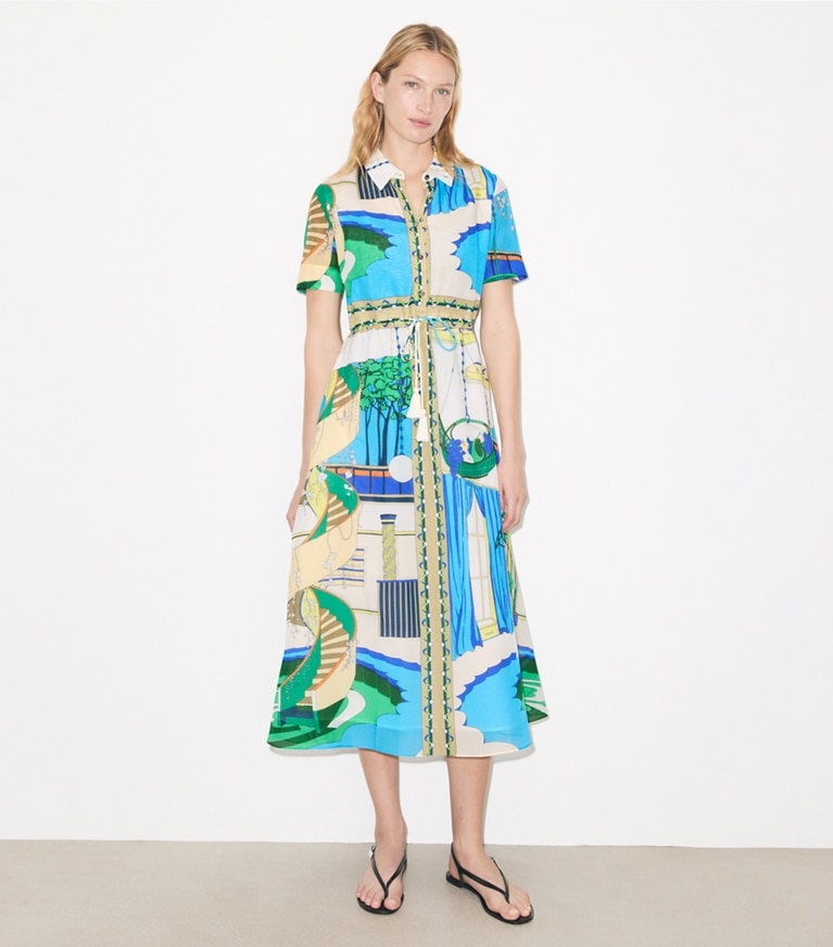 Tory Burch designer abiti Chemisier di cotone in The Pool Blue parte anteriore su modella
