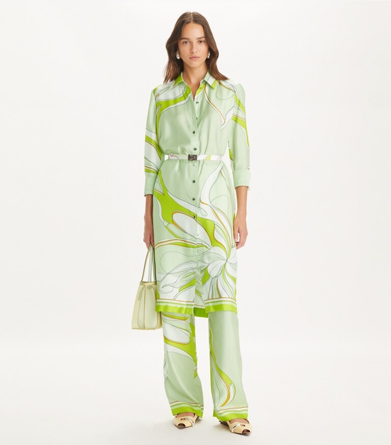 Tory Burch designer abiti Chemisier stampato in seta in Chartreuse Twisty Flower front