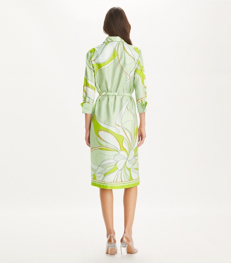 Tory Burch designer abiti Chemisier stampato in seta in Chartreuse Twisty Flower on model back