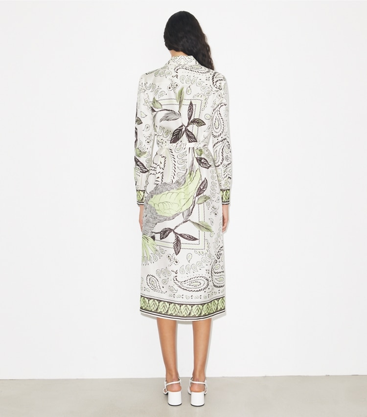 Tory Burch designer abiti Chemisier stampato in seta in Mint Cockatoo on model back