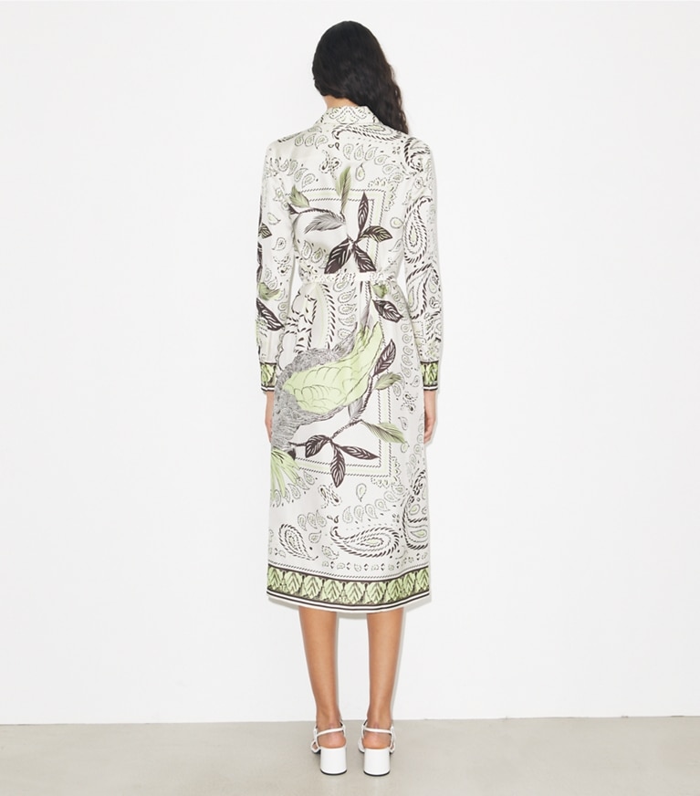 Tory Burch designer abiti Chemisier stampato in seta in Mint Cockatoo on model back