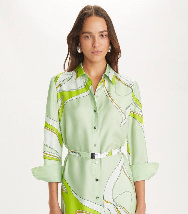 Tory Burch designer abiti Chemisier stampato in seta in Chartreuse Twisty Flower front