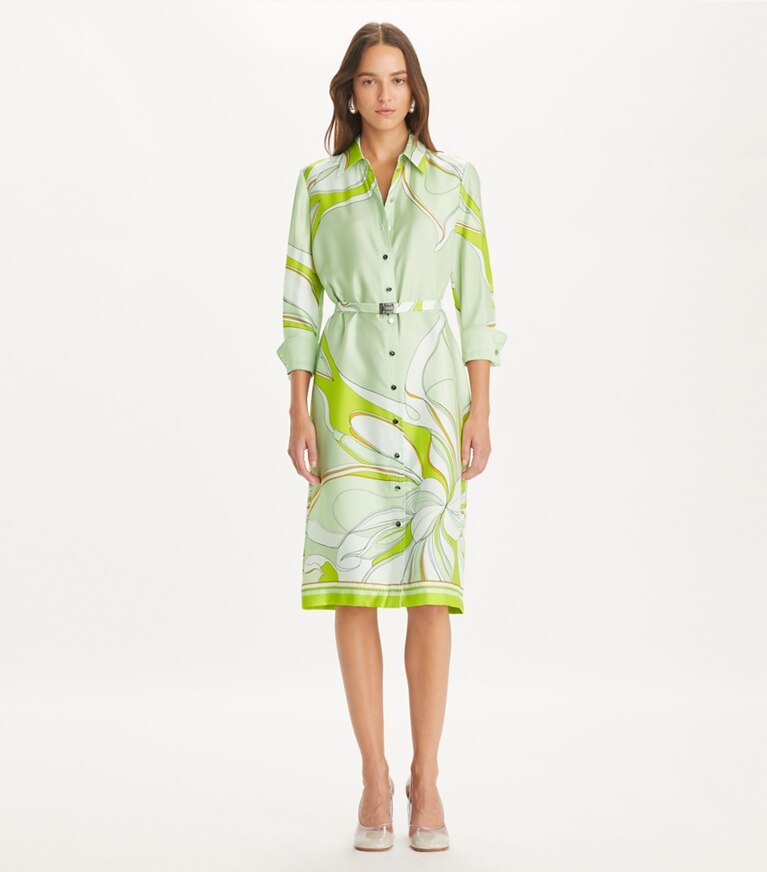 Tory Burch designer abiti Chemisier stampato in seta in Chartreuse Twisty Flower front