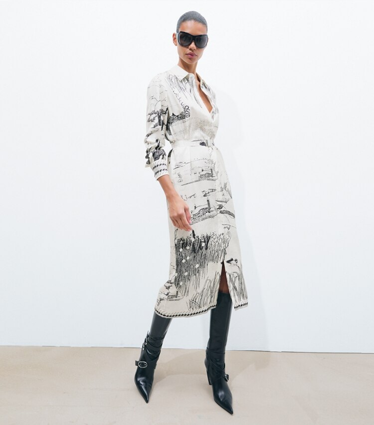 Tory Burch designer abiti Chemisier stampato in seta in Ivory Forest parte anteriore su modella