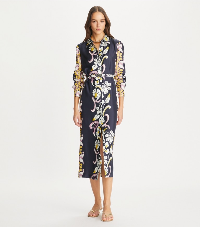 Tory Burch designer abiti Chemisier stampato in twill di seta in Pink Tropical Border parte anteriore su modella