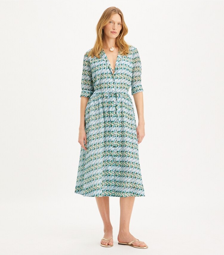 Tory Burch designer copricostume Chemisier stampato in Blue Glass Swan Allover parte anteriore su modella