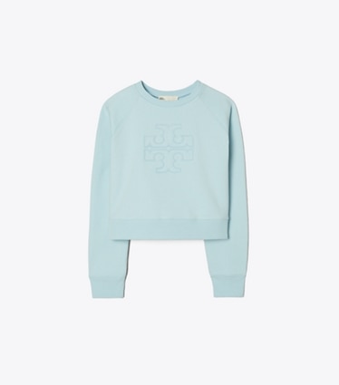 Tory Sport designer sweaters Chenille Logo Crewneck in Pastel Sky front
