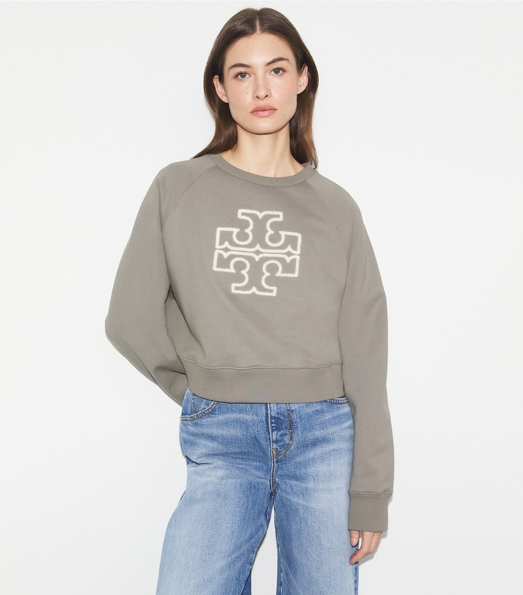 Tory Sport designer sweaters Chenille Logo Crewneck in Ballet Gray on model detail