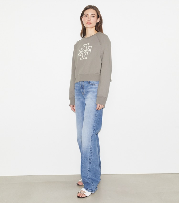 Tory Sport designer sweaters Chenille Logo Crewneck in Ballet Gray on model front