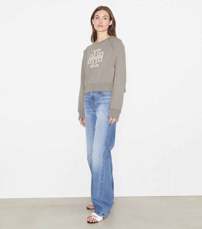 Tory Sport designer sweaters Chenille Logo Crewneck in Ballet Gray front