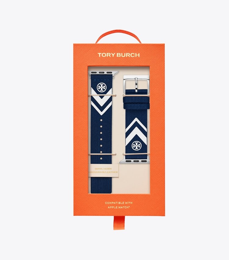 Tory Burch designer watches tory track smart watches Chevron Band for Apple Watch®, Grosgrain, 38 – 40 MM in NAVY watches box