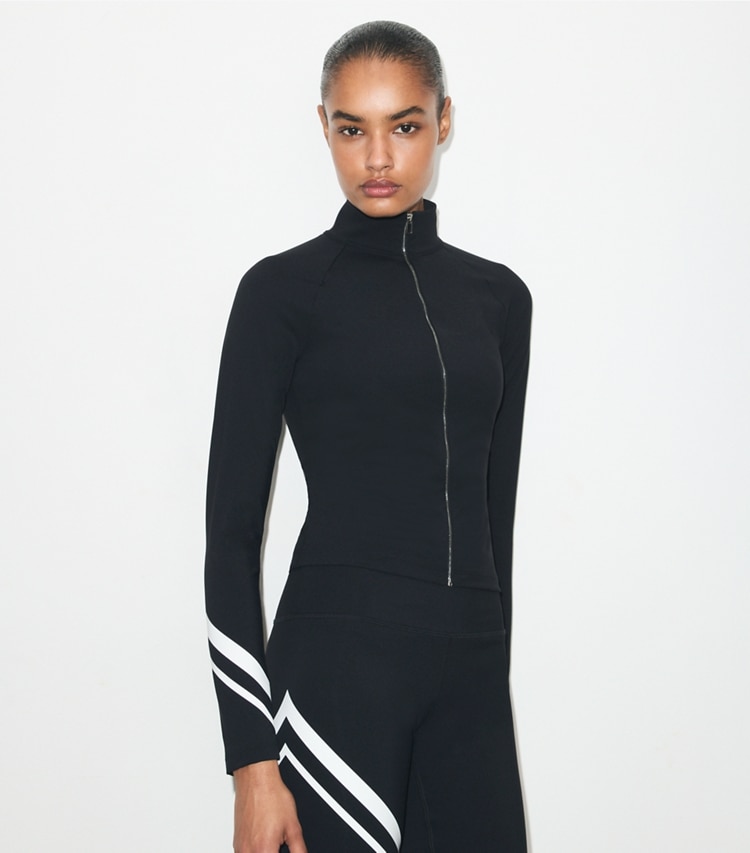 Tory Burch designer tops Chevron Full-Zip Jacket in BLACK on model detail