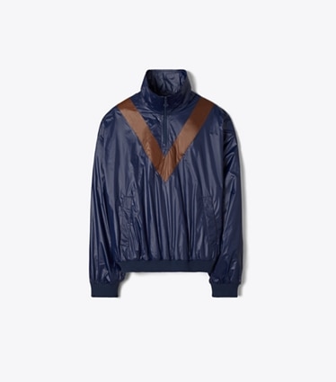 Tory Burch designer ジャケット シェブロン ナイロン ウィンドブレーカー ジャケット in Navy / Brown Sepia front
