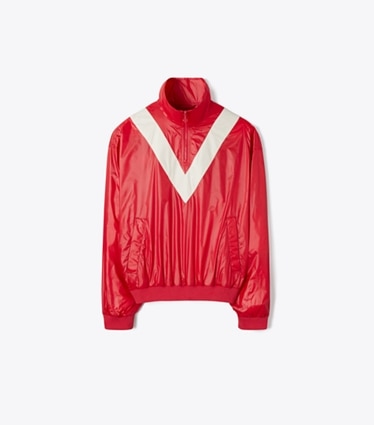 Tory Burch designer ジャケット シェブロン ナイロン ウィンドブレーカー ジャケット in Cherry Pop / Ivory front