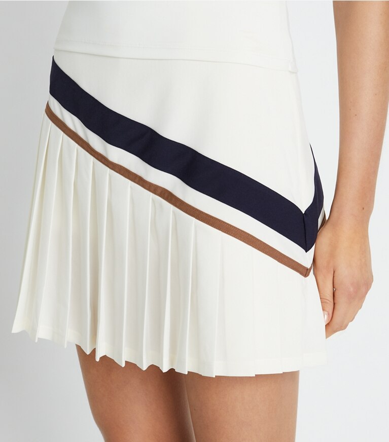 Tory Sport designer bottoms Chevron Pleated Tennis Skirt in Snow White / Anise Brown front