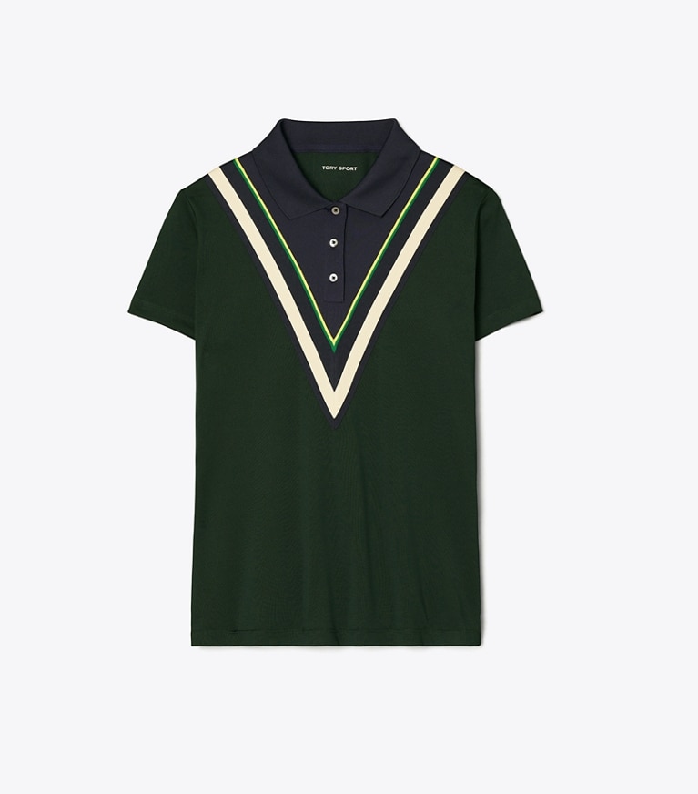 Tory Sport designer oberteile Chevron-Poloshirt aus Funktionspiqué in Conifer front