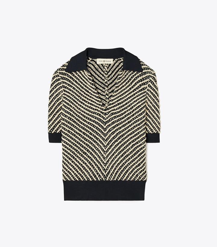 Chevron Stripe Short-Sleeve Polo: Women's Designer Sweaters | Tory Burch