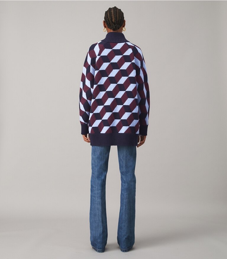 Tory Burch designer jackets Chevron Sweater Coat in TORY NAVY front