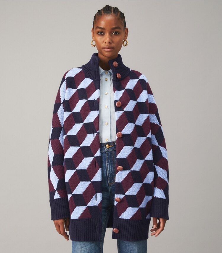 Tory Burch designer jackets Chevron Sweater Coat in TORY NAVY on model detail