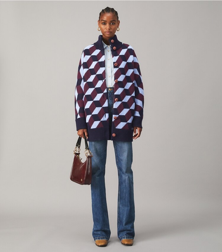 Tory Burch designer jackets Chevron Sweater Coat in TORY NAVY on model front