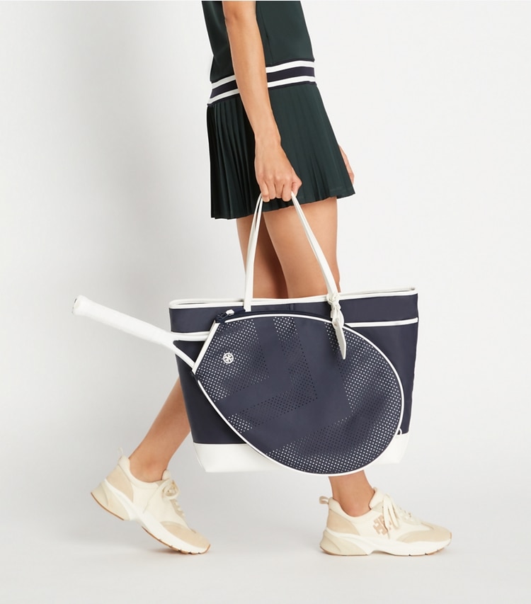 Tory Sport designer tote bags Chevron Tennis Tote in Tory Navy accessory on model