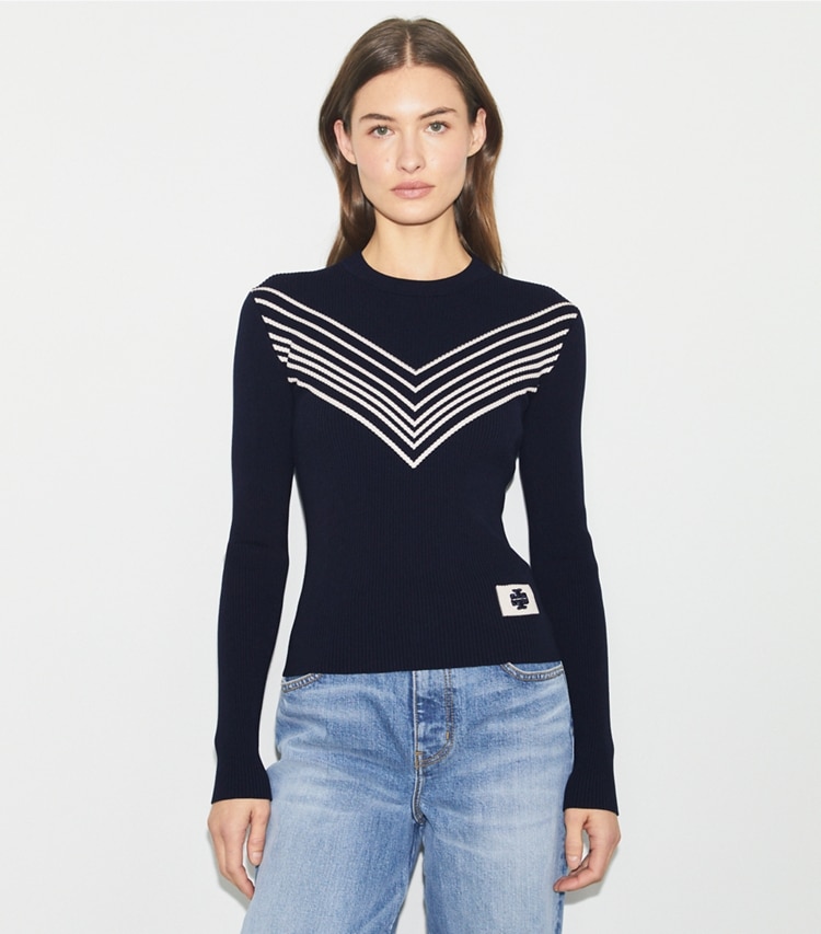 Tory Sport designer sweaters Chevron Viscose Sweater in Tory Navy on model detail