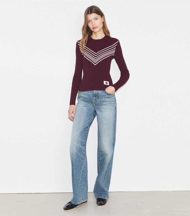 Tory Sport designer sweaters Chevron Viscose Sweater in Deep Jasper on model front