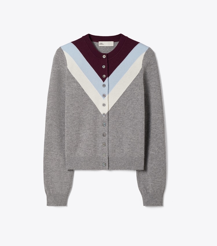 Tory Burch designer sweaters Chevron Wool Cardigan in Light Gray front