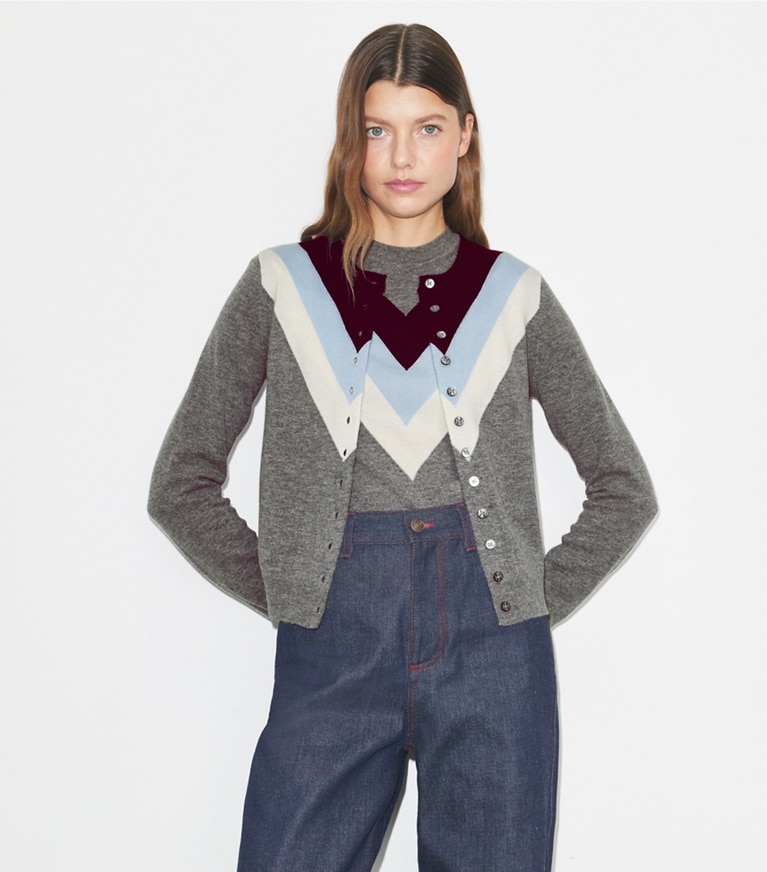 Tory Burch designer sweaters Chevron Wool Cardigan in Light Gray on model detail