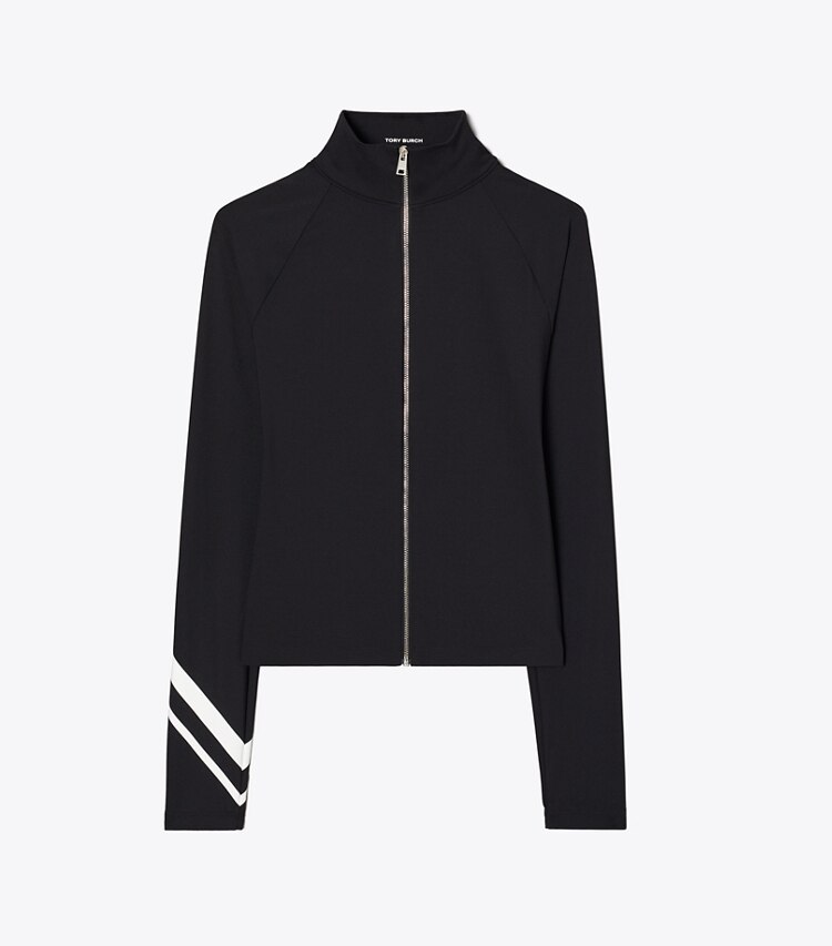 Tory Burch designer oberteile Chevronjacke mit durchgehendem Reißverschluss in BLACK front
