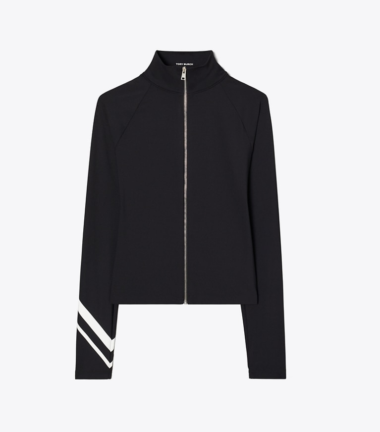 Tory Burch designer oberteile Chevronjacke mit durchgehendem Reißverschluss in BLACK front