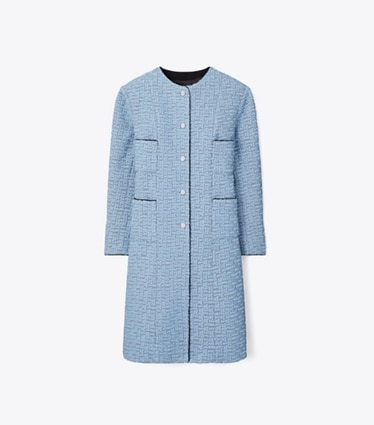 Tory Burch designer coats Chiffon Embroidered Coat in Blue Porcelain front
