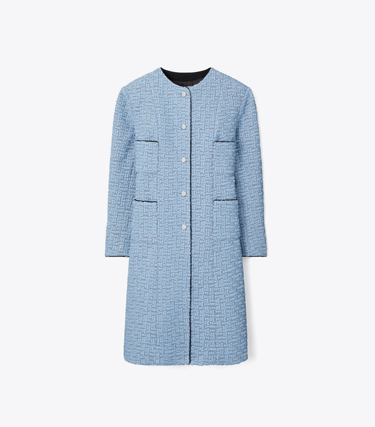 Tory Burch designer coats Chiffon Embroidered Coat in Blue Porcelain front