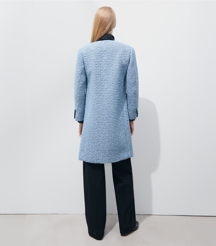 Tory Burch designer coats Chiffon Embroidered Coat in Blue Porcelain on model back