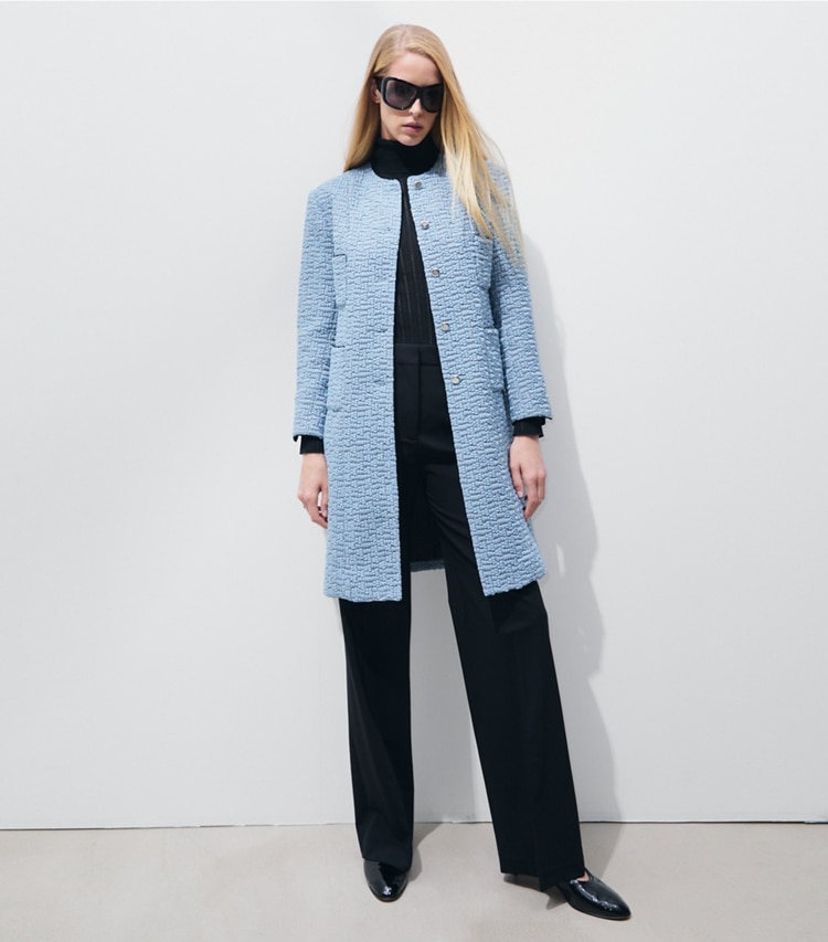Tory Burch designer coats Chiffon Embroidered Coat in Blue Porcelain on model front