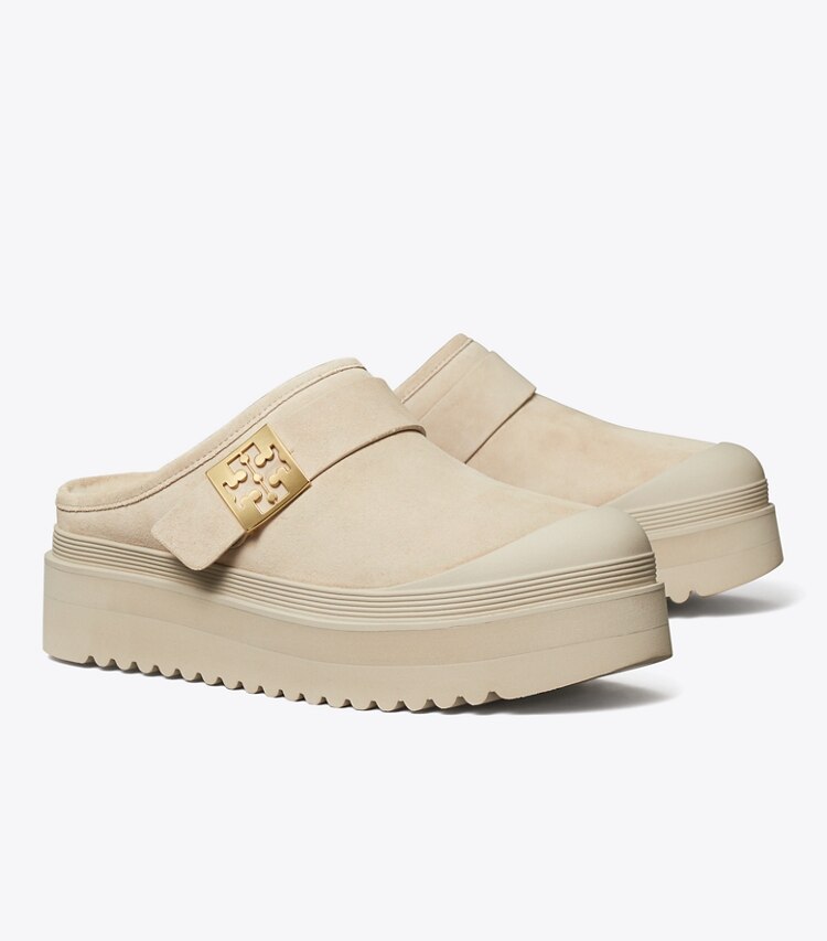 Tory Burch diseñador zapatos planos Chinela con plataforma de borreguillo Mellow en CALCARE / GOLD ángulo