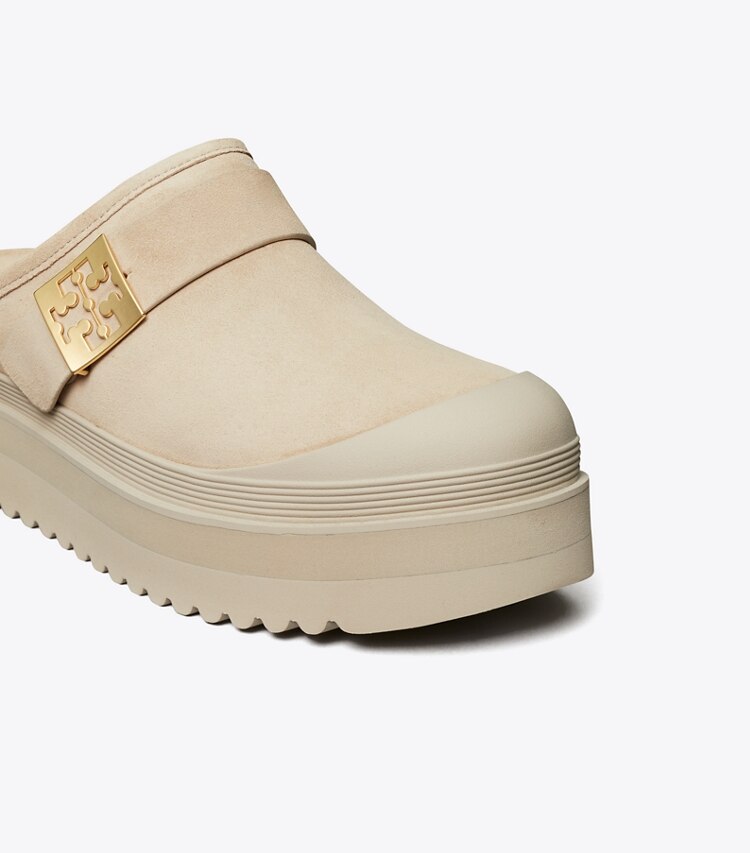 Tory Burch diseñador zapatos planos Chinela con plataforma de borreguillo Mellow en CALCARE / GOLD detalle