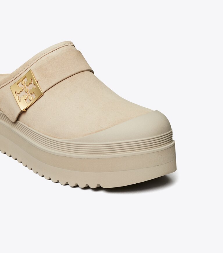 Tory Burch diseñador zapatos planos Chinela con plataforma de borreguillo Mellow en CALCARE / GOLD detalle