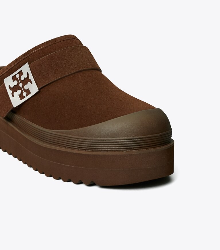Tory Burch diseñador zapatos planos Chinela con plataforma de borreguillo Mellow en DARK COCOA / SILVER detalle