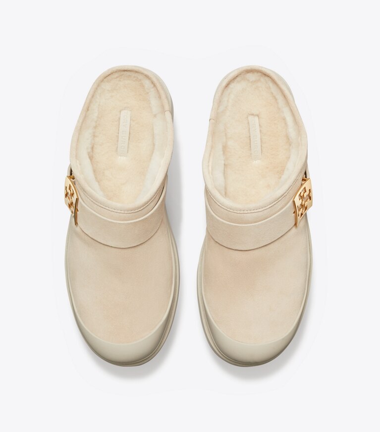 Tory Burch diseñador zapatos planos Chinela con plataforma de borreguillo Mellow en CALCARE / GOLD vista superior