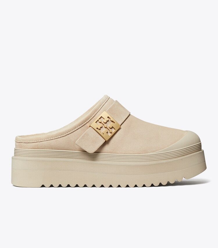 Tory Burch diseñador zapatos planos Chinela con plataforma de borreguillo Mellow en CALCARE / GOLD lateral