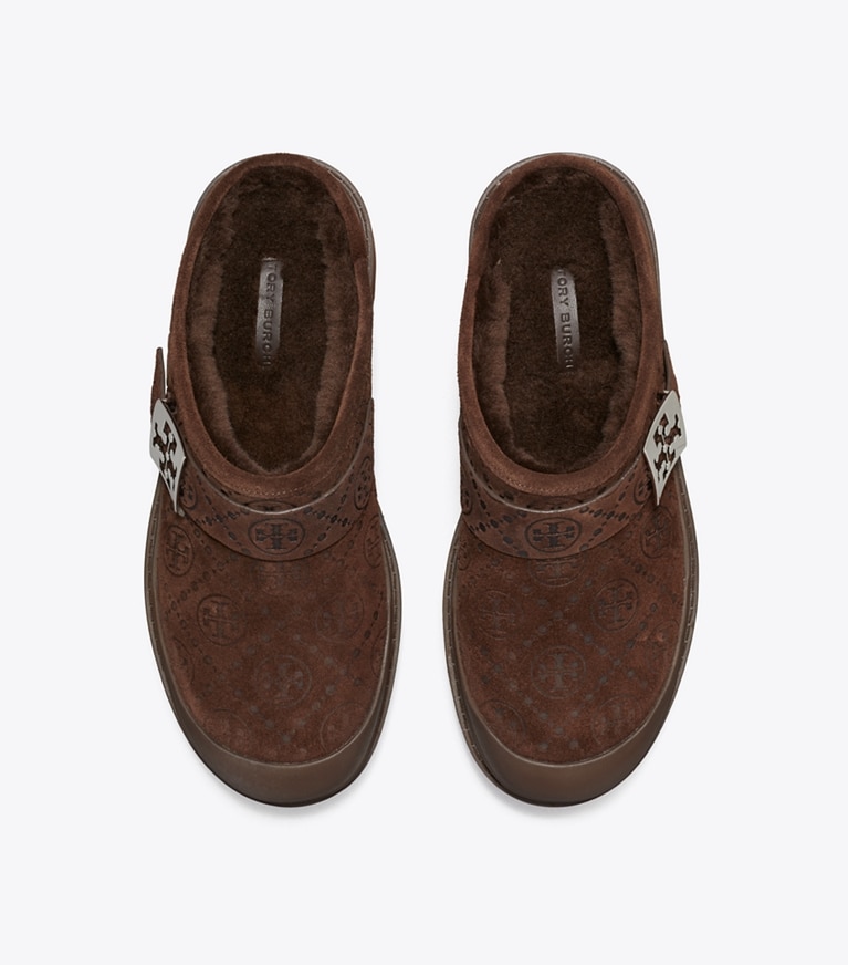 Tory Burch diseñador zapatos planos Chinela con plataforma de borreguillo suave con monograma en T en DARK COCOA T MONOGRAM / SILVER vista superior