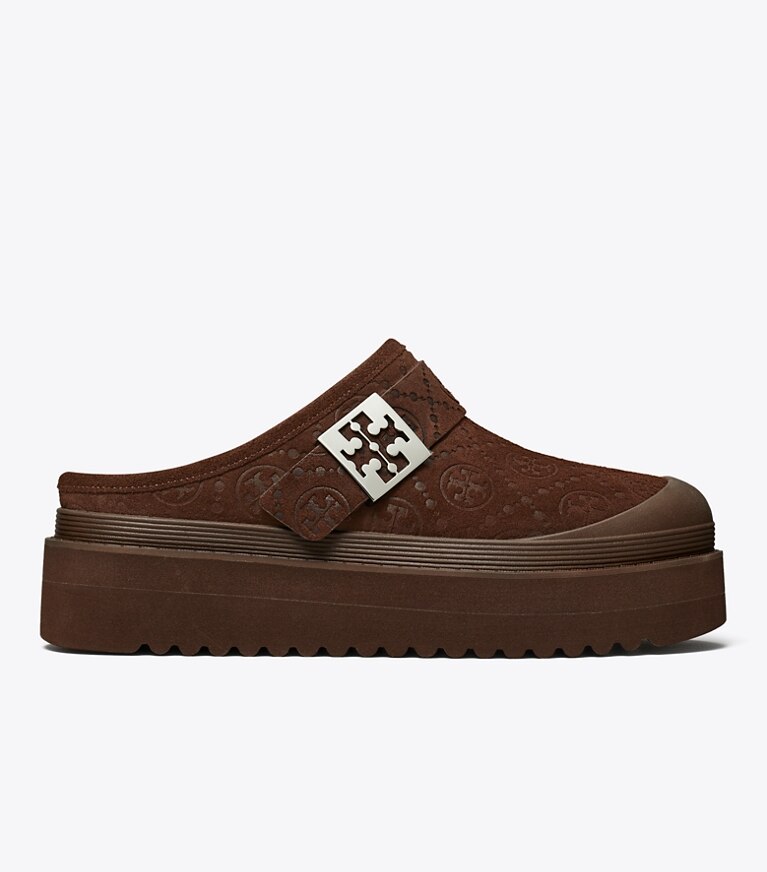 Tory Burch diseñador zapatos planos Chinela con plataforma de borreguillo suave con monograma en T en DARK COCOA T MONOGRAM / SILVER lateral