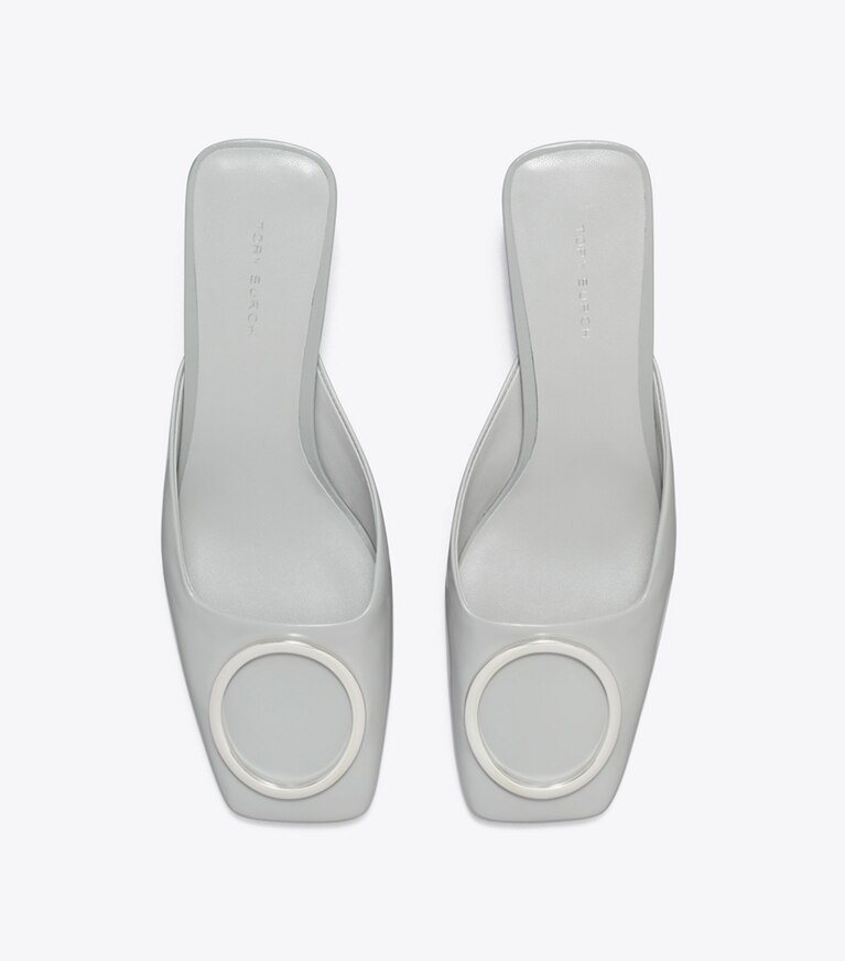 Tory Burch diseñador tacones Chinela con tacón y anilla en LOUTRE GRAY / SILVER vista superior